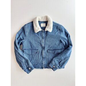 Girls' ZARA Blue Cotton Denim Faux Shearling Collar Bomber Jacket, Size 13-14